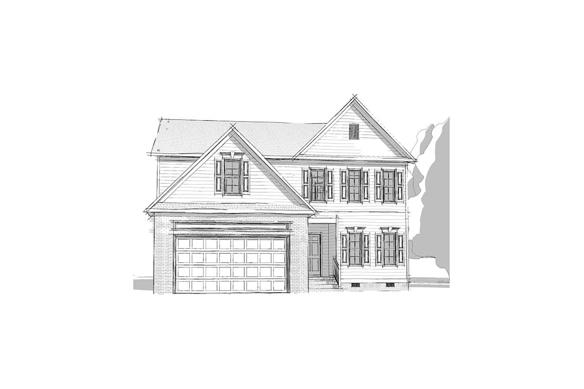 House plan exterior: Two-story traditional home with attached garage, prominent gables, and multi-pane windows.
