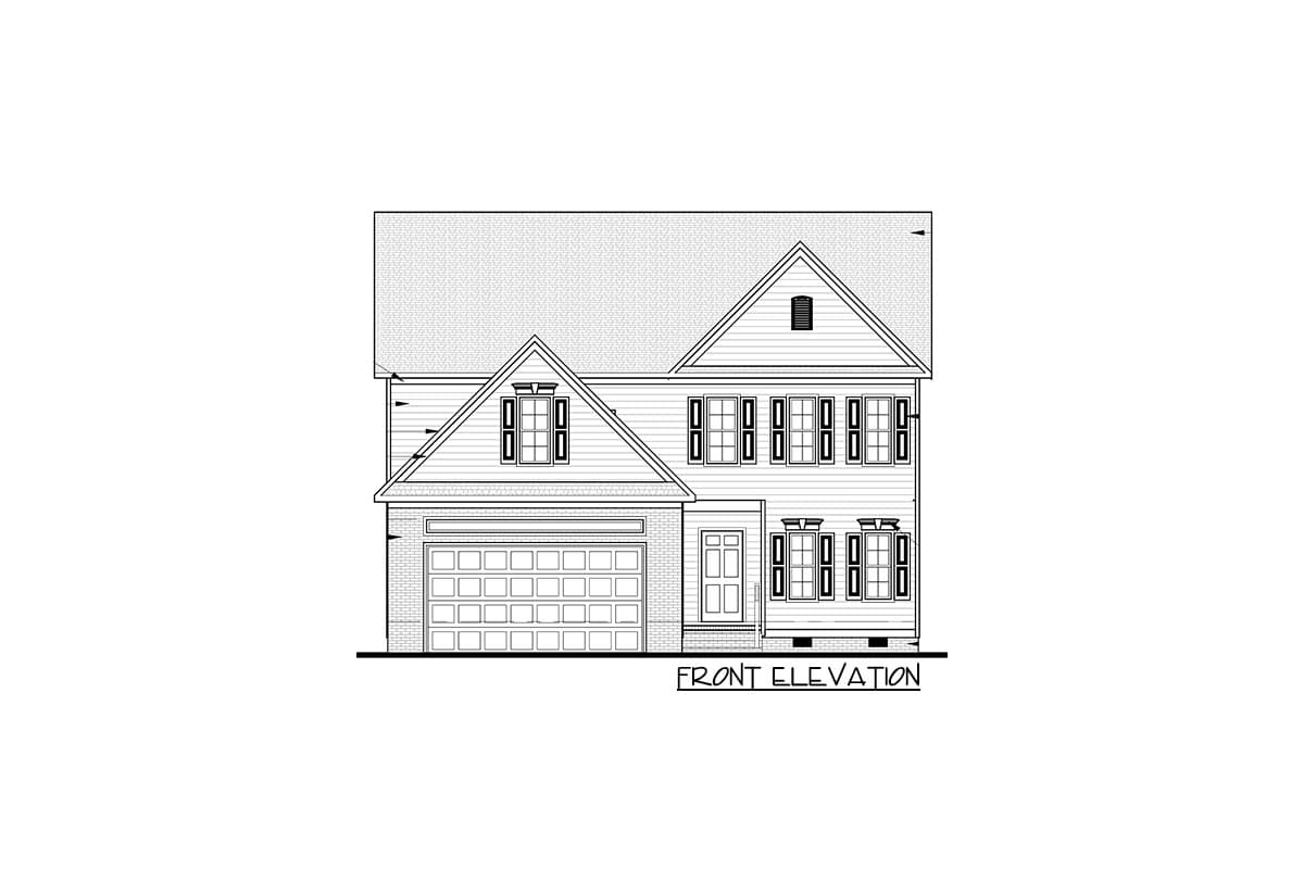 Front elevation drawing of a two-story house with a two-car garage, prominent gables, and multiple windows.