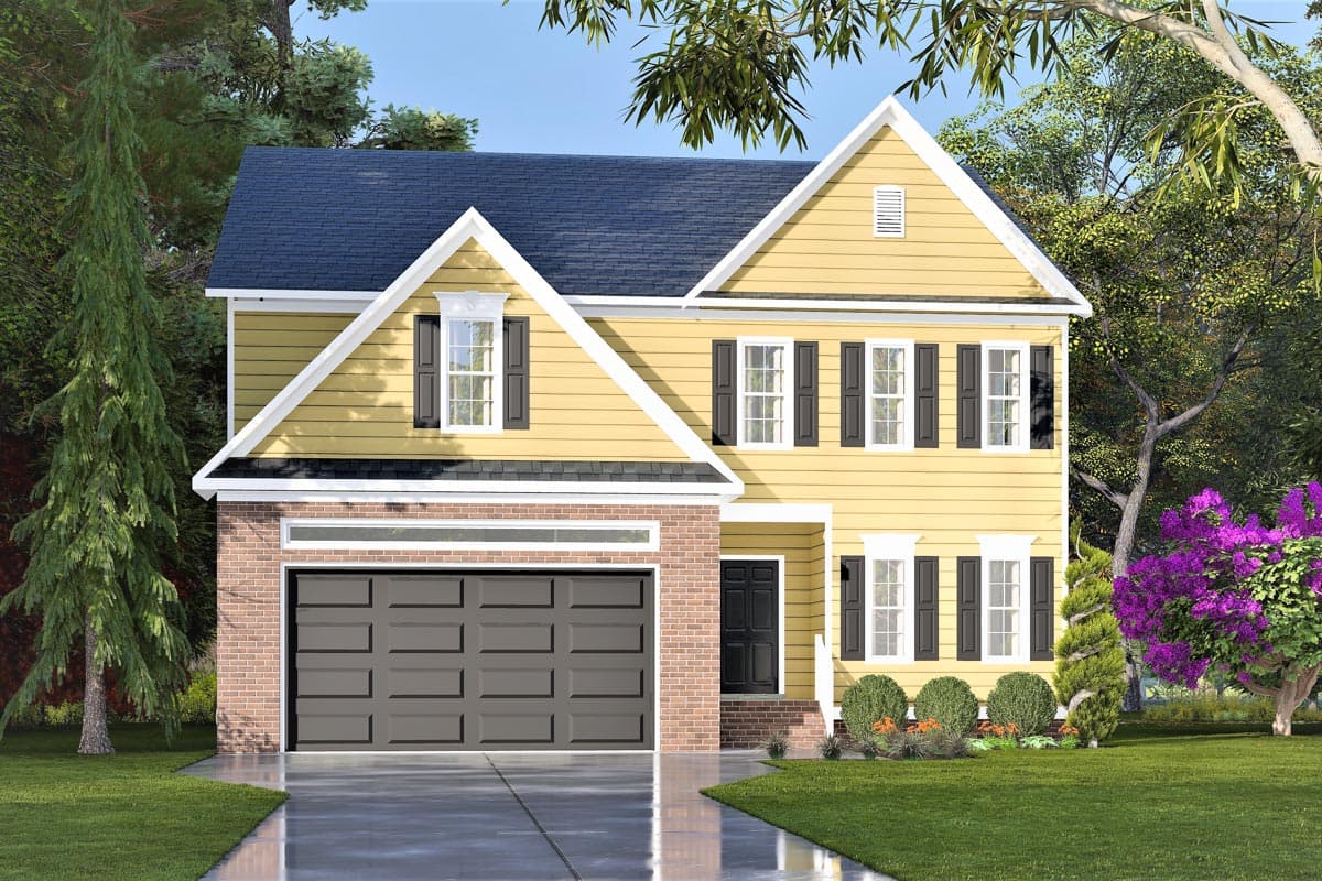 House plan exterior. Two-story house in a traditional style with a gable roof, brick garage, and multiple dormers.
