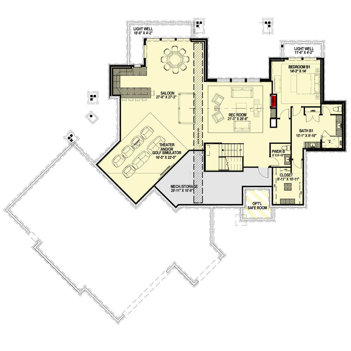 Plan 64534SC: Prairie-Style Home Plan with Courtyard Entry and Large Garage - Floor Plan - Lower Level - Country, Craftsman, Mountain, Prairie