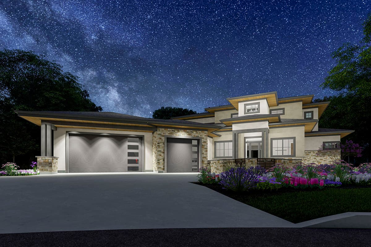 Modern house plan exterior with a multi-level roofline, stone accents, large windows, and a three-car garage.