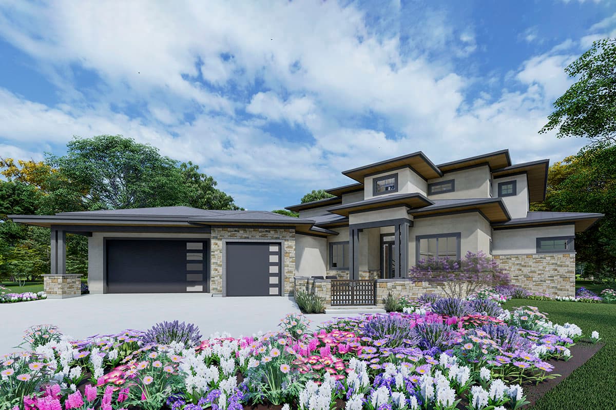 Modern house plan exterior with two-car garage, stone accents, multiple rooflines, and covered entry.