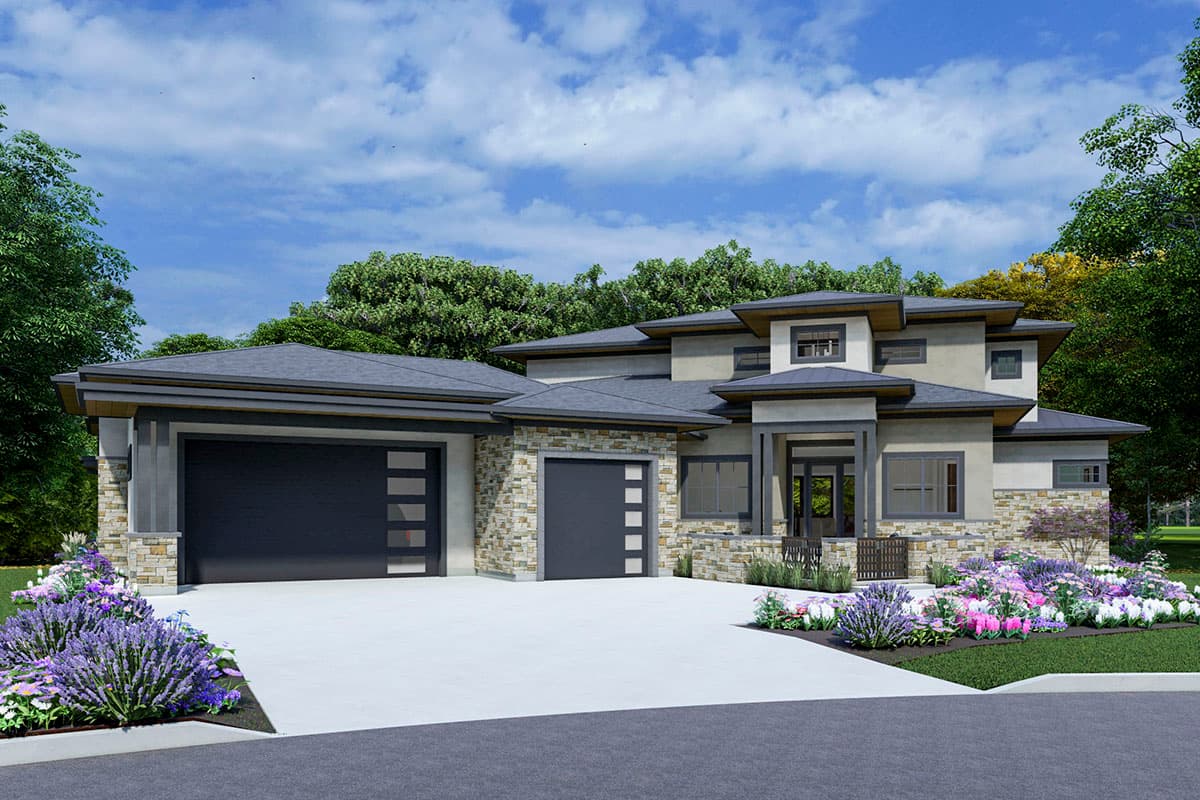 House plan exterior with two-car garage, stone facade, and flat roof. Features include an entry portico and multiple windows.