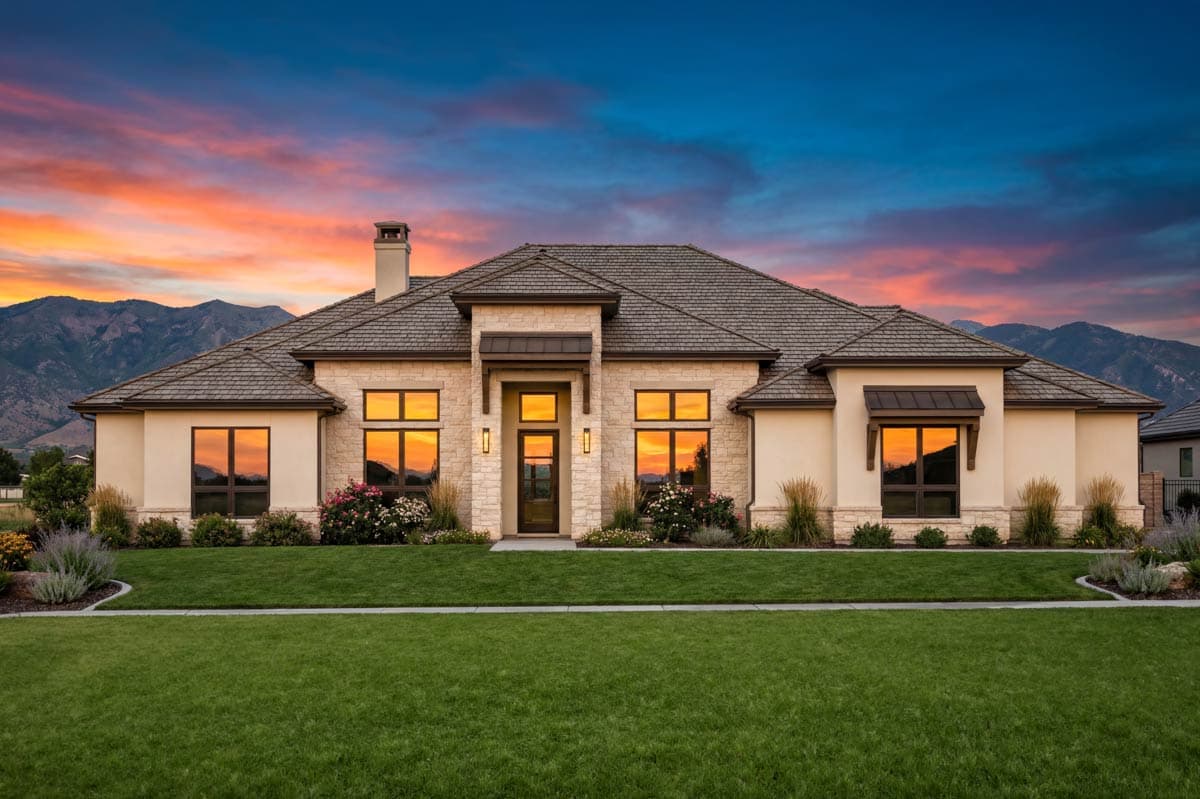 House plan exterior: One-story home with stone accents, large windows, covered entrance, and multiple gables.