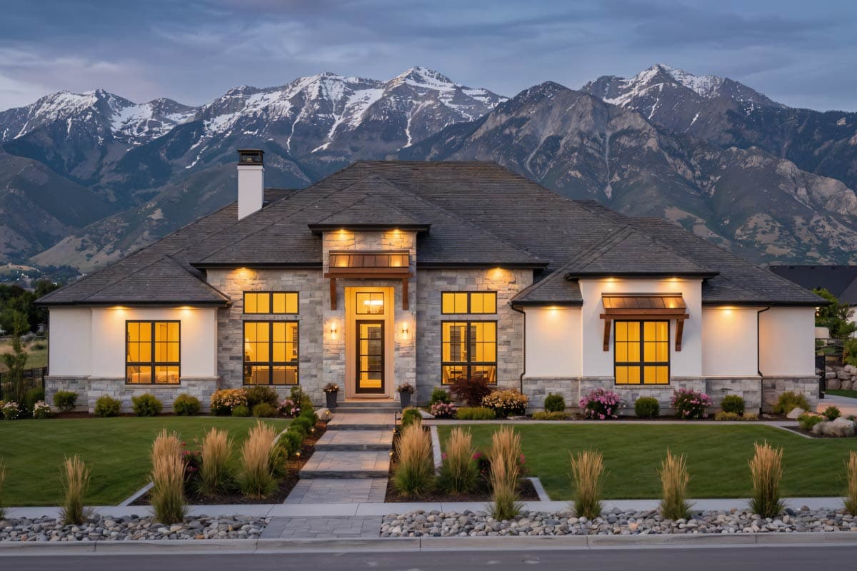 Luxury home with lit windows, stone facade, and gray roof against a backdrop of snow-capped mountains under a twilight sky. Landscaped front yard.
