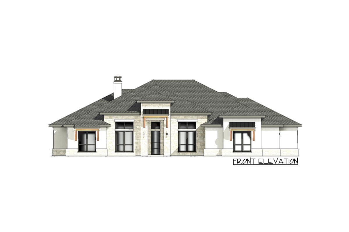 Front elevation drawing of a single-story house with a prominent gable roof, stone accents, and modern windows.