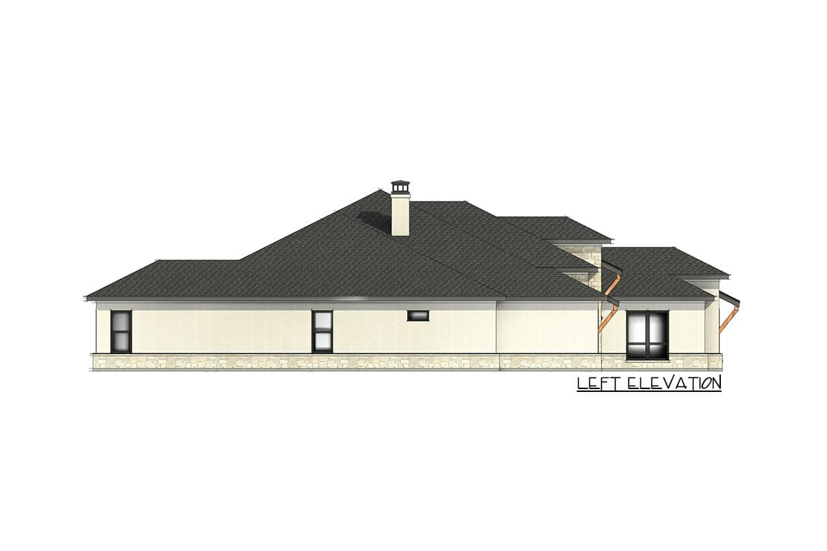 Left elevation house plan showing a single-story structure with a hip roof, stone base, and a prominent chimney.