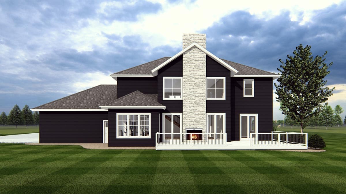 House plan exterior: Two-story modern home with dark siding, prominent stone chimney, white-trimmed windows, and a wraparound deck.