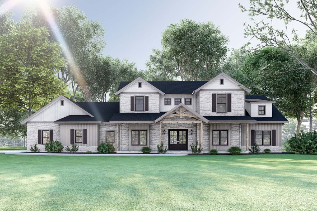 House plan exterior: two-story Modern Farmhouse with stone siding, metal roof, gable dormers, and covered front porch with timber beams.