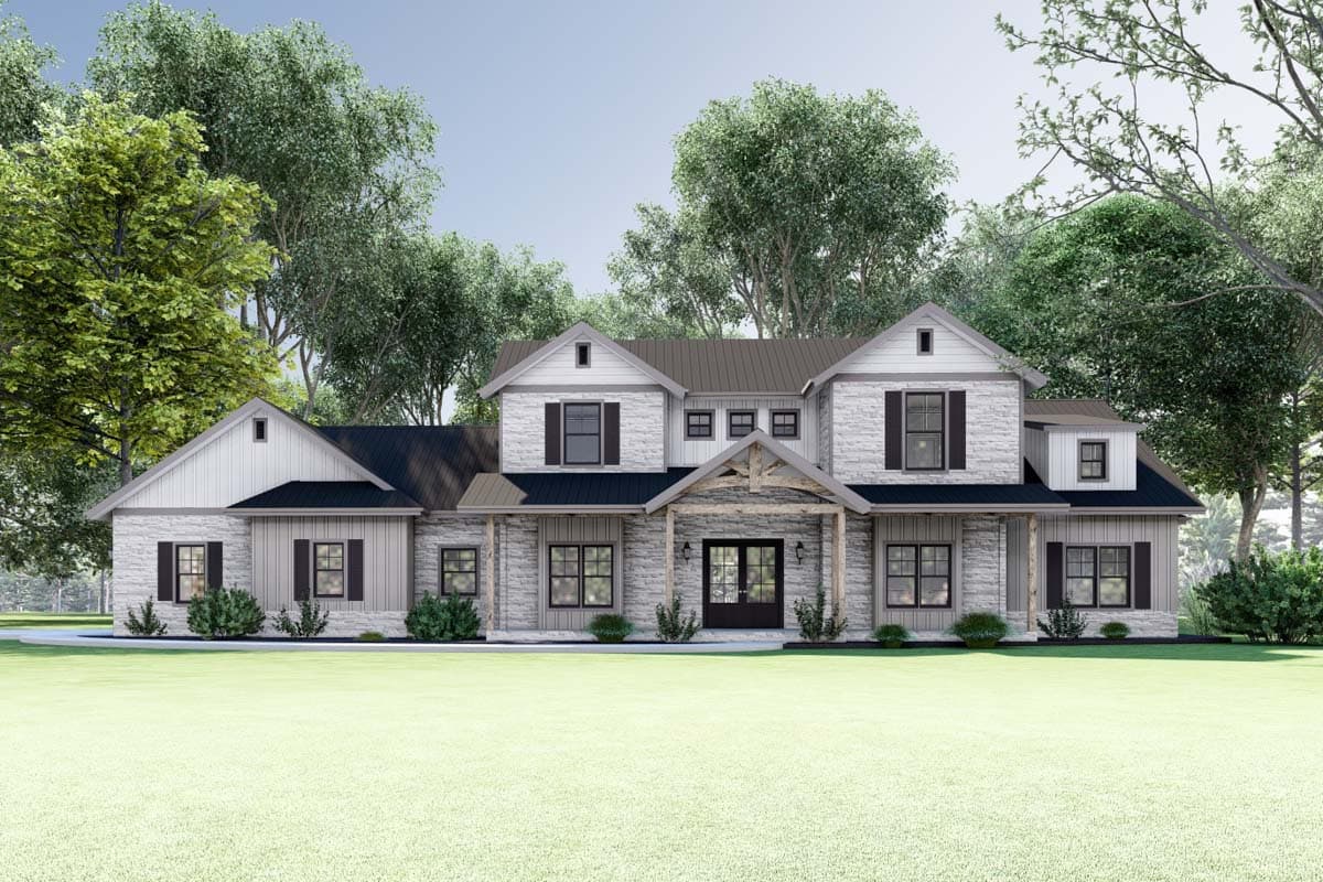 House plan exterior: Modern Farmhouse style, two stories, stone facade, gabled dormers, metal roof, and exposed timber entry.