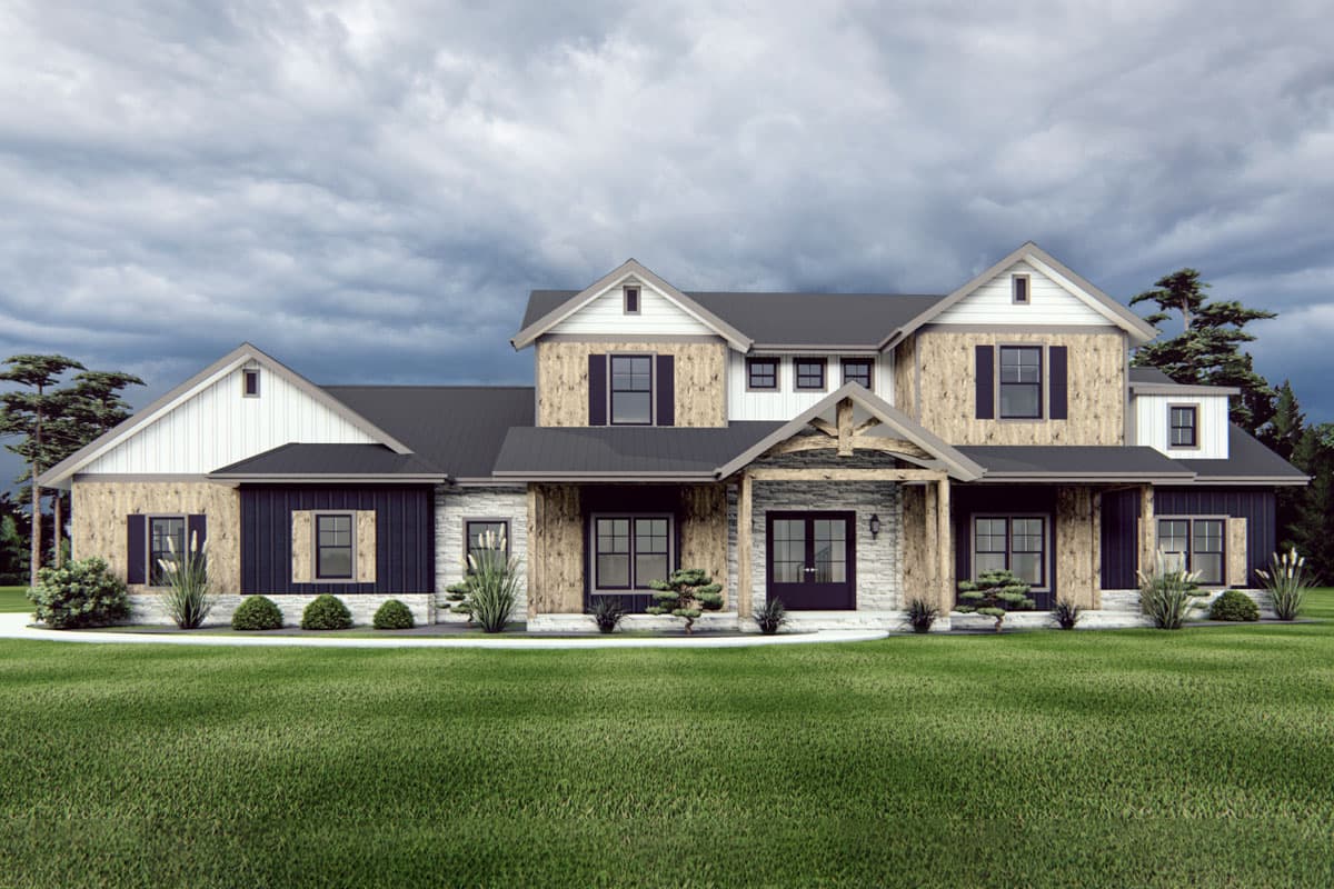 House plan exterior with board and batten siding, gable roof, and covered front porch. Features include a stone-clad entry and dark shutters.