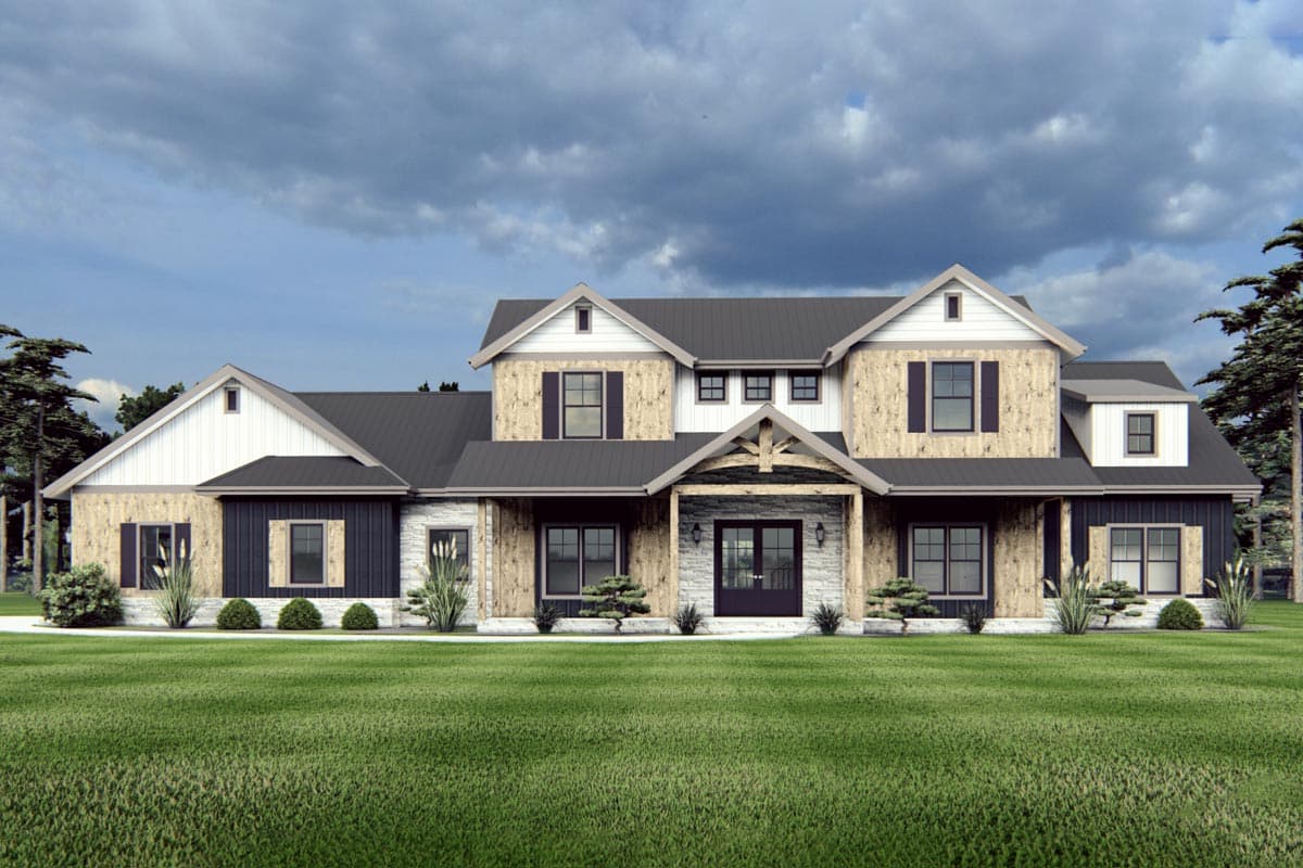 Modern Farmhouse house plan exterior, two stories, with a covered front porch, gables, and varied siding.
