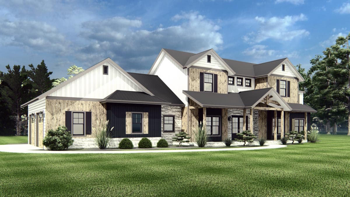Modern Farmhouse house plan exterior with gabled rooflines, stone and wood siding, prominent front porch, and side-entry garage.