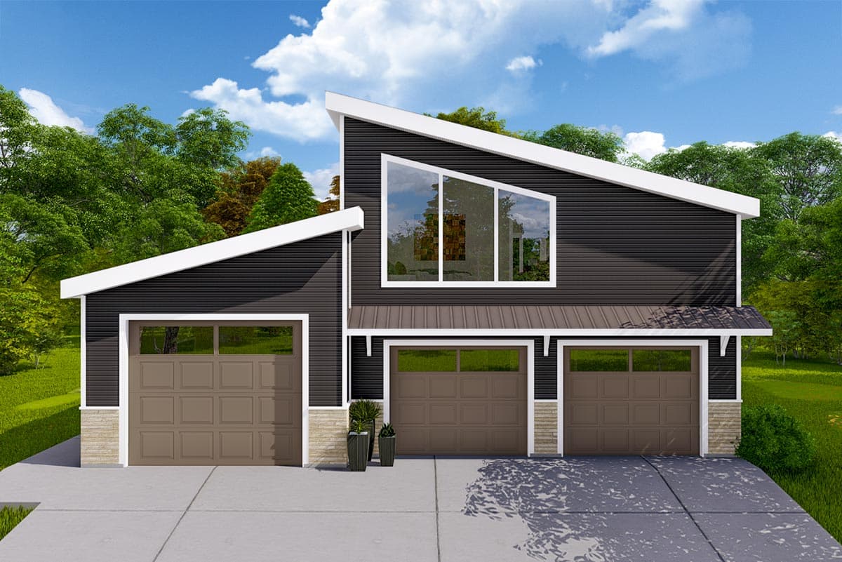 House plan exterior. Modern style with a slanted roof, three-car garage, and large, multi-pane window feature.