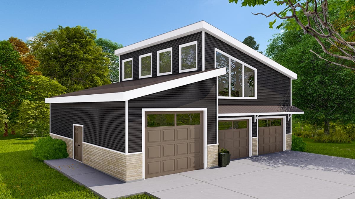 House plan exterior: Modern style, two stories, with a side-entry garage, horizontal siding, and large gable windows.