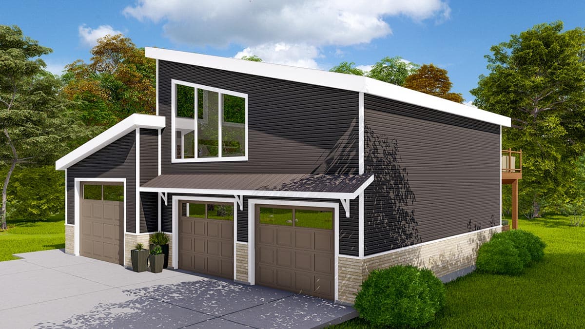 Modern house plan exterior with three-car garage, asymmetrical rooflines, large upper windows, and wood deck.