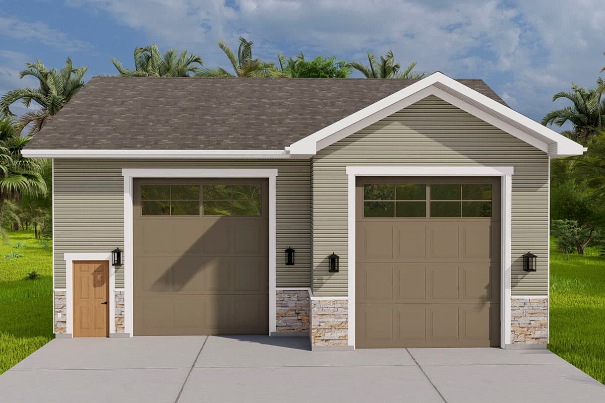 House plan exterior. Features a garage with two bays, gabled roof, and stone veneer accents. Includes a single door entry with a small window.