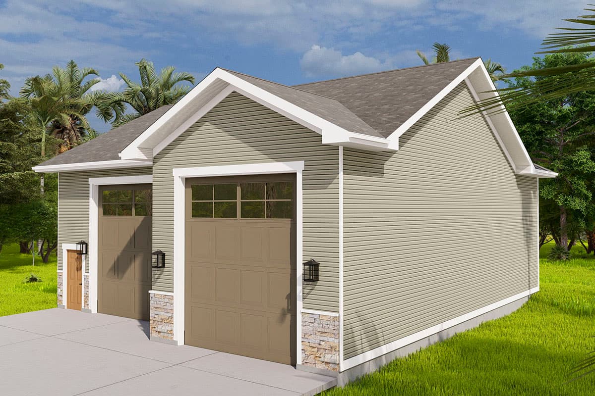 House plan exterior: Two-car garage with light green siding, stone wainscoting, and glass-paneled doors.
