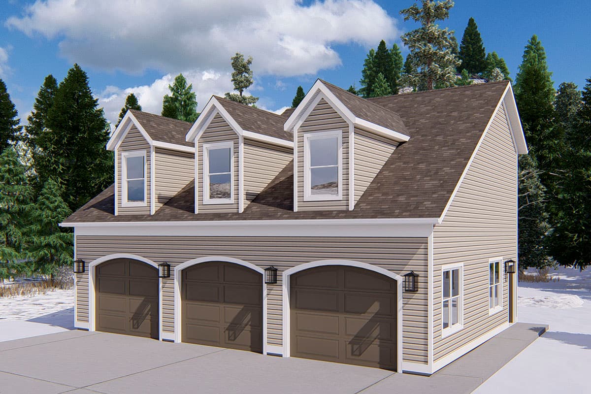 House plan exterior showing a three-car garage with arched doors, three dormers, and horizontal siding.