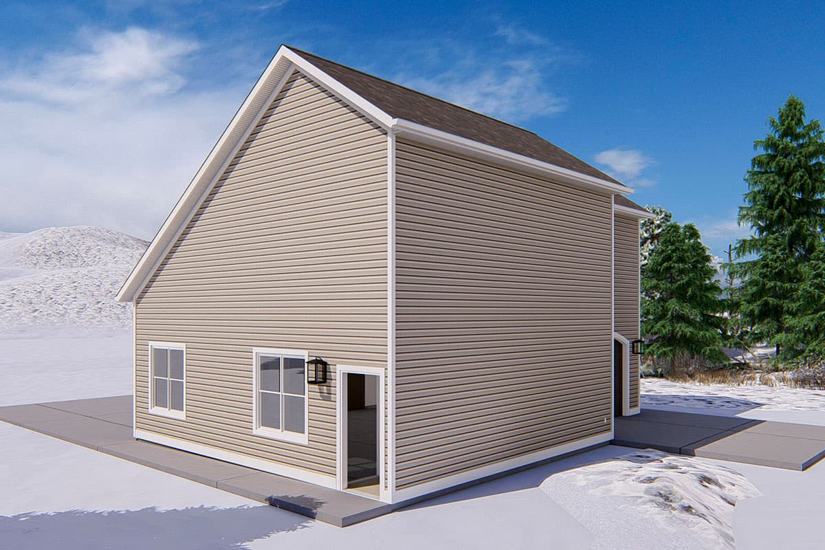 House plan exterior: two-story, gable roof, vinyl siding, two windows, and front entrance.