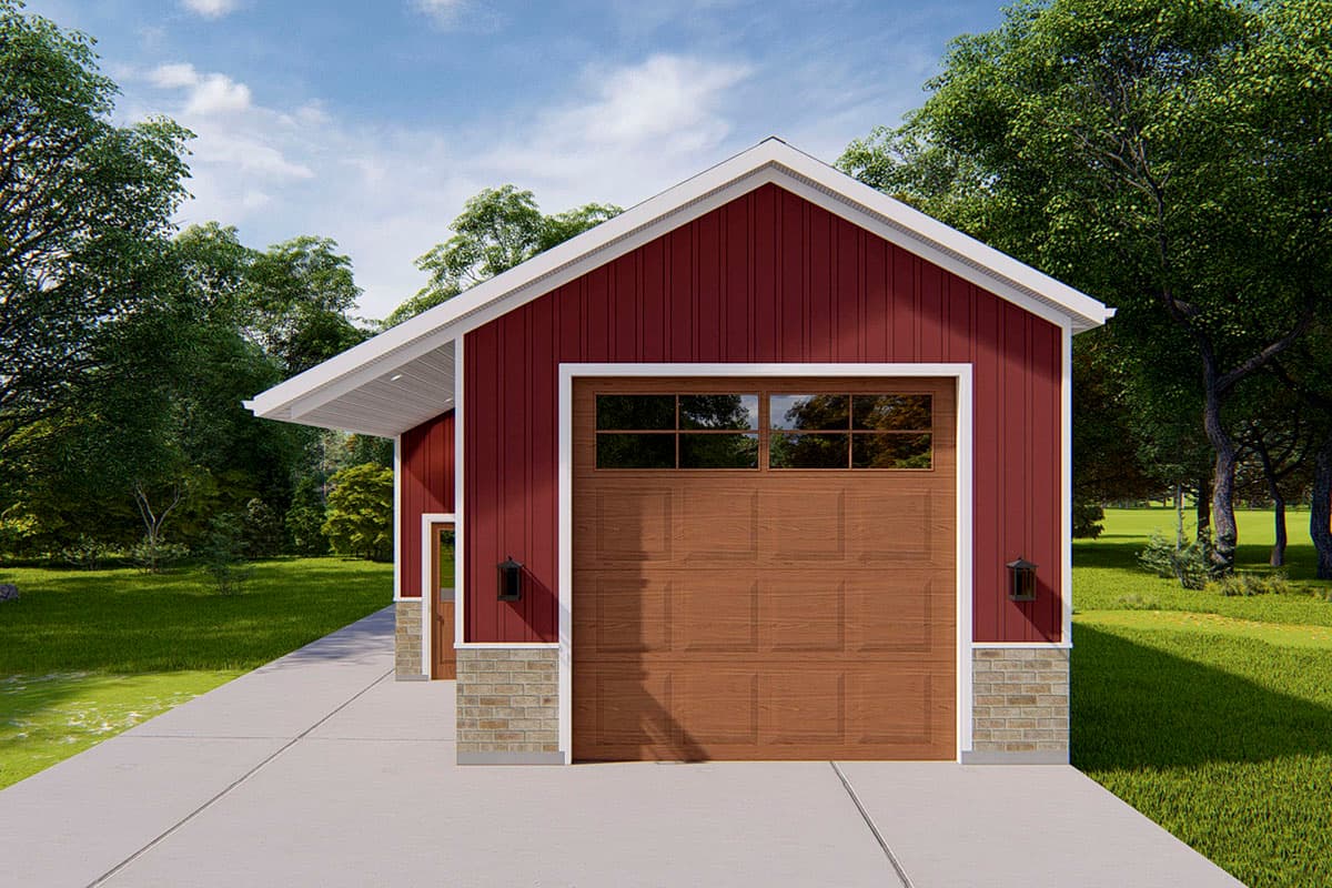 House plan exterior. Red-sided garage with a gable roof, wood-grain garage door, and a brick veneer base. A small side entrance is visible.