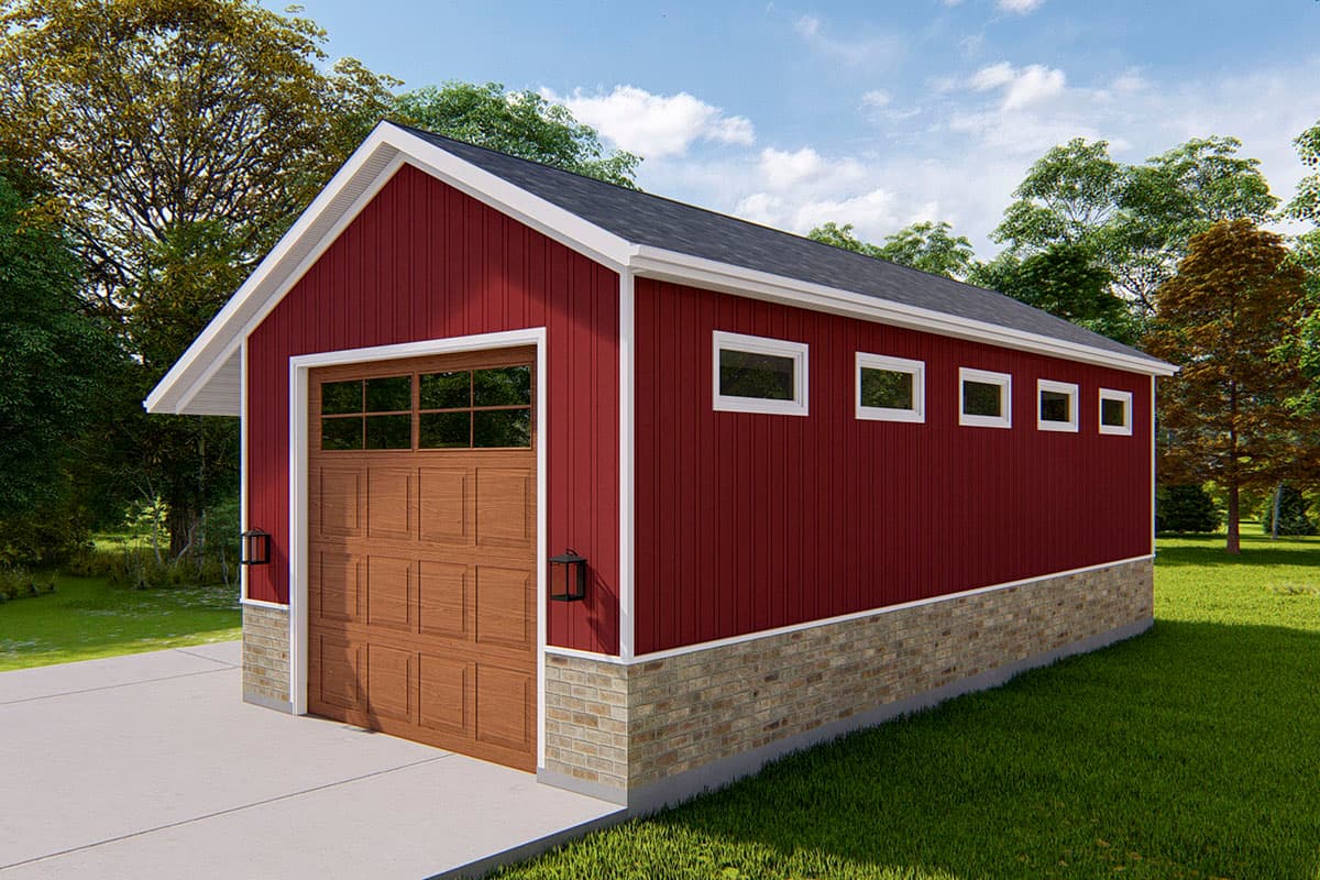 House plan exterior of a one-story garage with a large wooden garage door, multiple windows, red siding, and brick foundation.