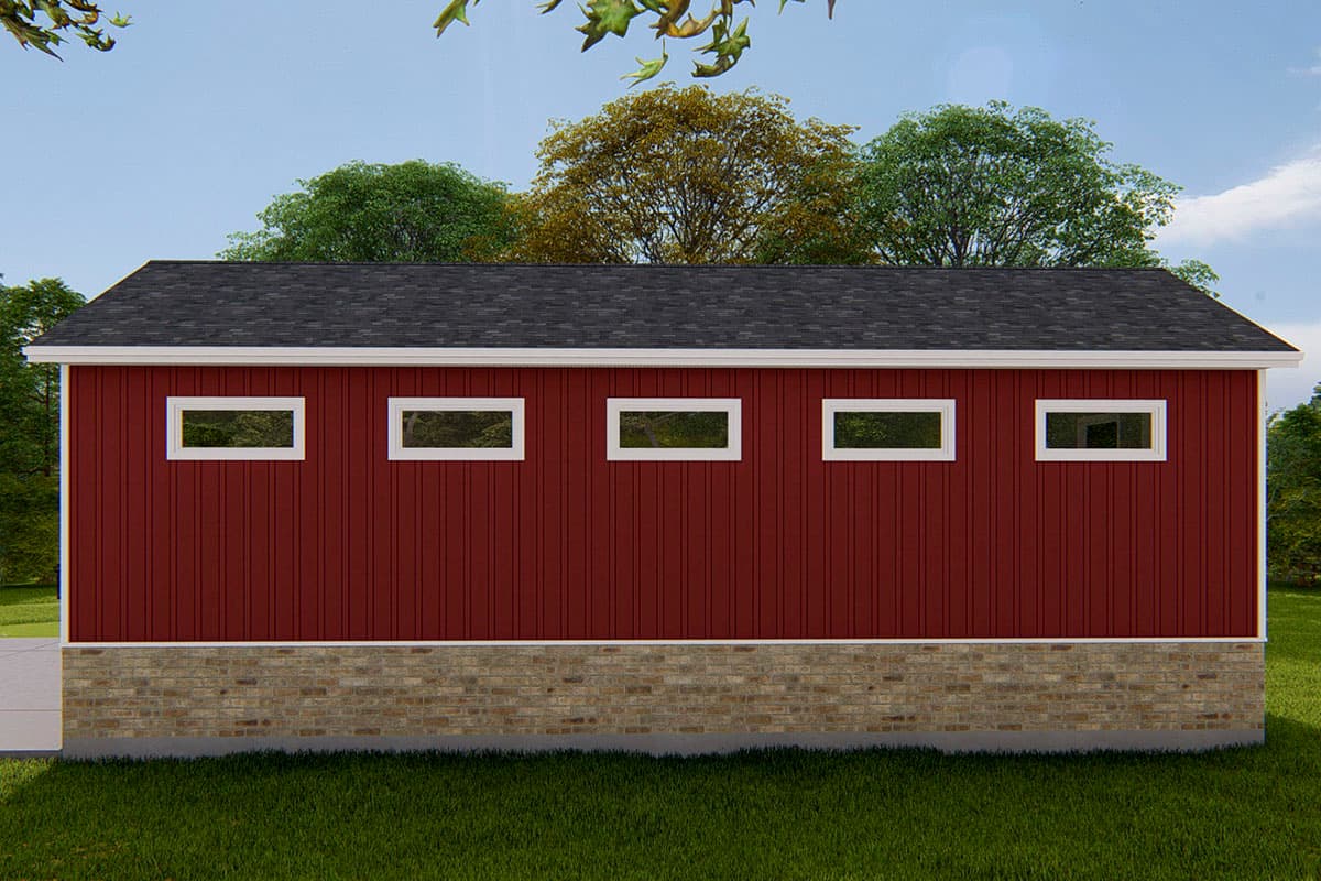 House plan exterior with red vertical siding, a stone wainscot, and a dark shingle roof.