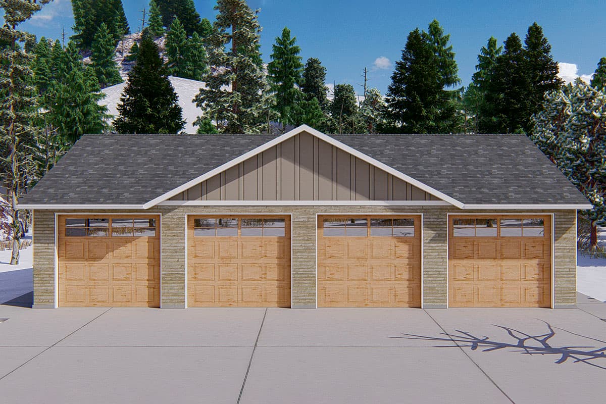 House plan exterior. Four-car garage with gabled roof, light wood garage doors, and stone facade accents. The roof has gray asphalt shingles.