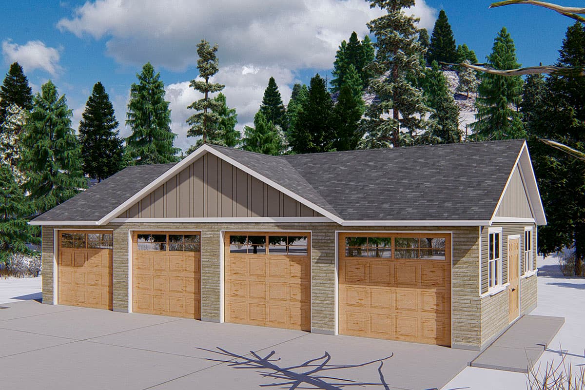 House plan exterior with three garage bays, stone and vertical siding, and gabled rooflines.