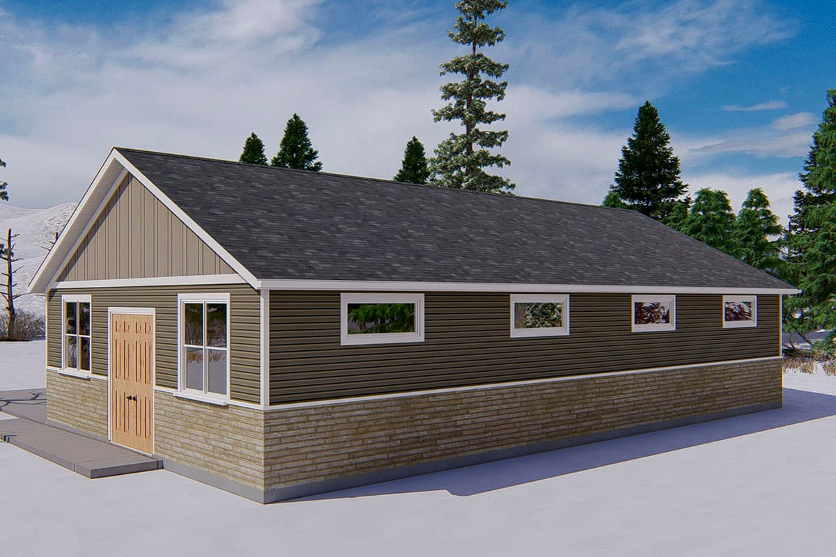 House plan exterior: Single-story home with gable end, horizontal siding, stone foundation, and double front doors.