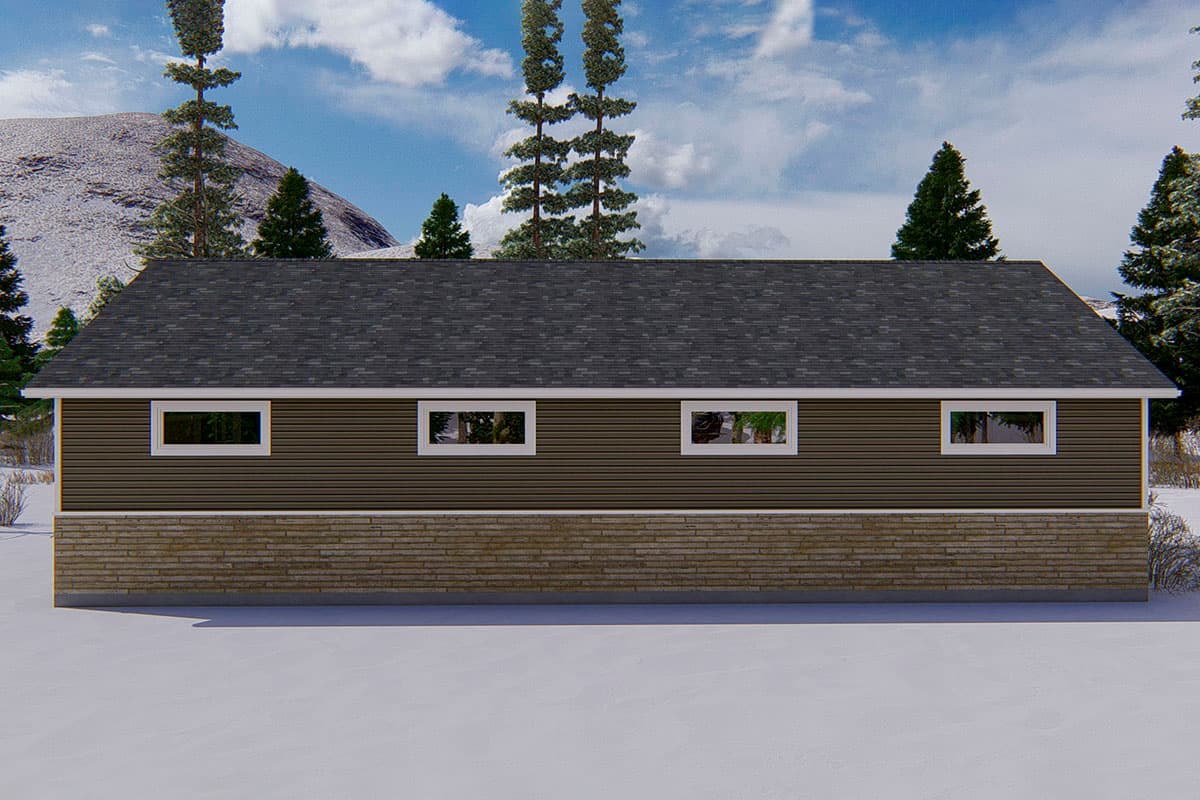 House plan exterior: one-story building with dark horizontal siding, stone-clad base, and six rectangular windows. Dark asphalt shingle roof.