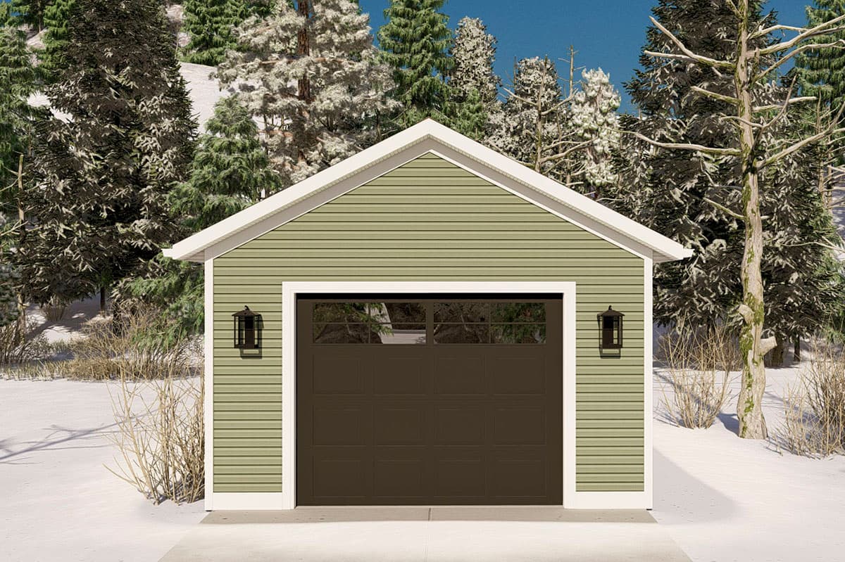 House plan exterior: Single-story garage with horizontal siding, gable roof, dark garage door, and two lanterns.