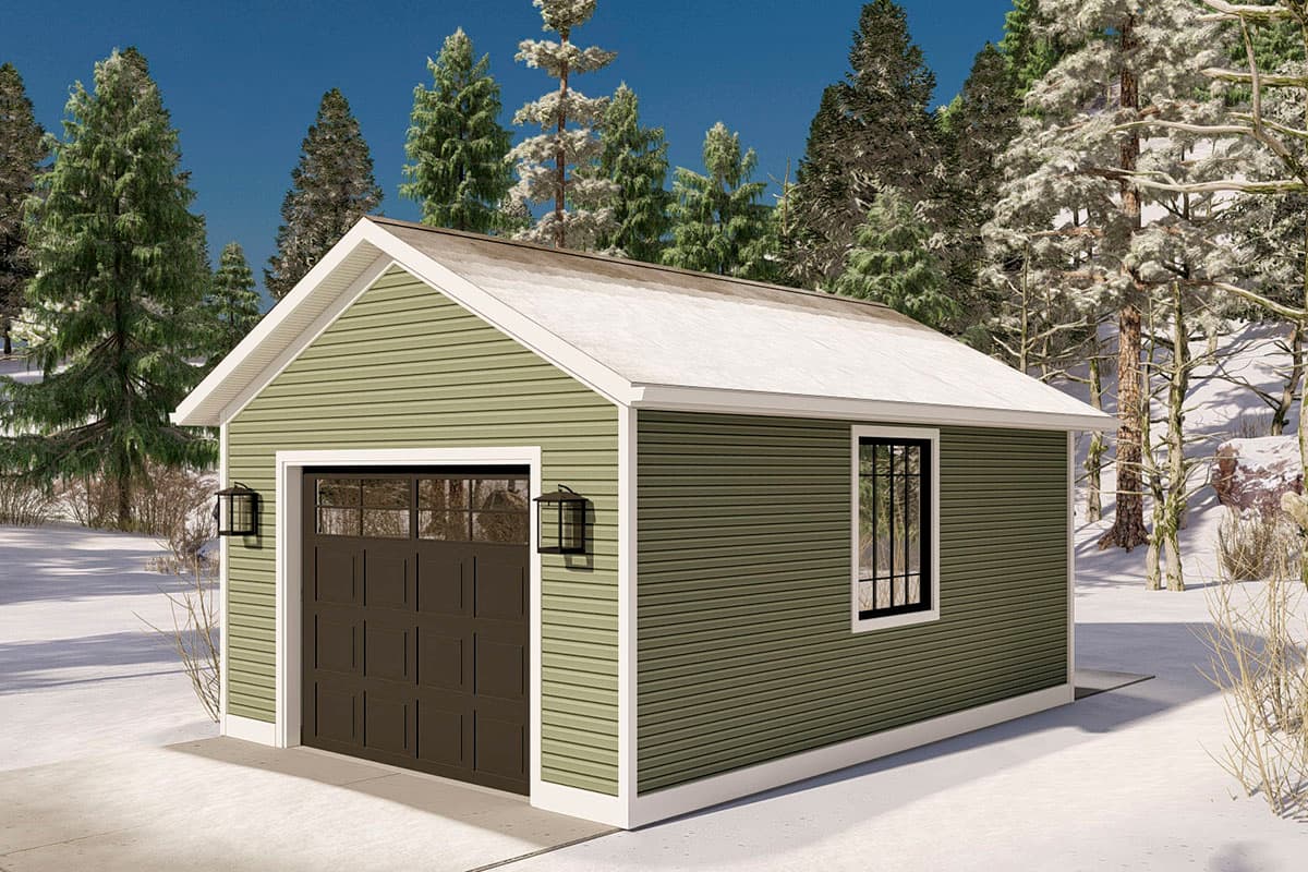 Single-story garage with a dark brown sectional door, one window with a black grate, and two exterior lanterns.