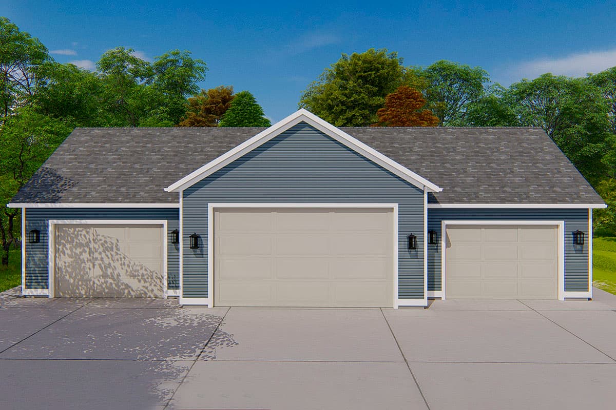 House plan exterior. Three-car garage with gabled roofline and horizontal siding. Features include three garage doors and decorative sconces.