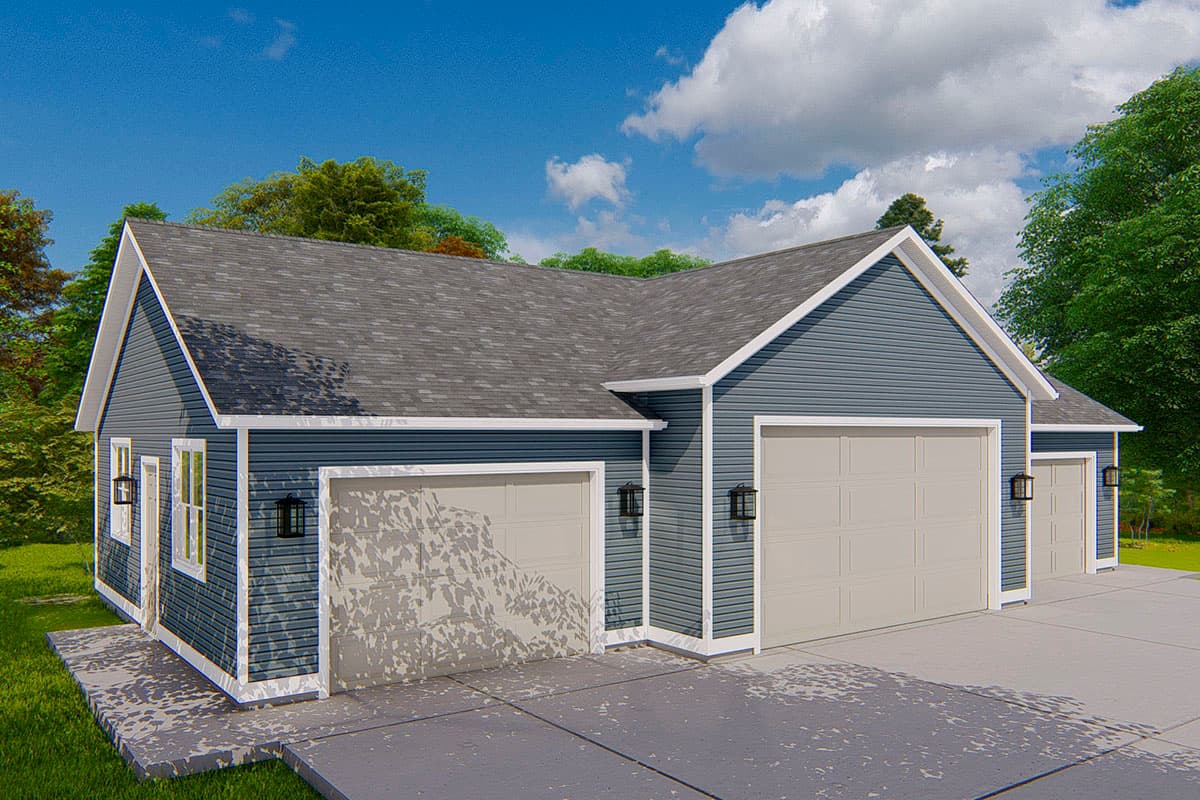 House plan exterior: Ranch style, one story, with a triple-bay garage, gable roofs, and blue vinyl siding.