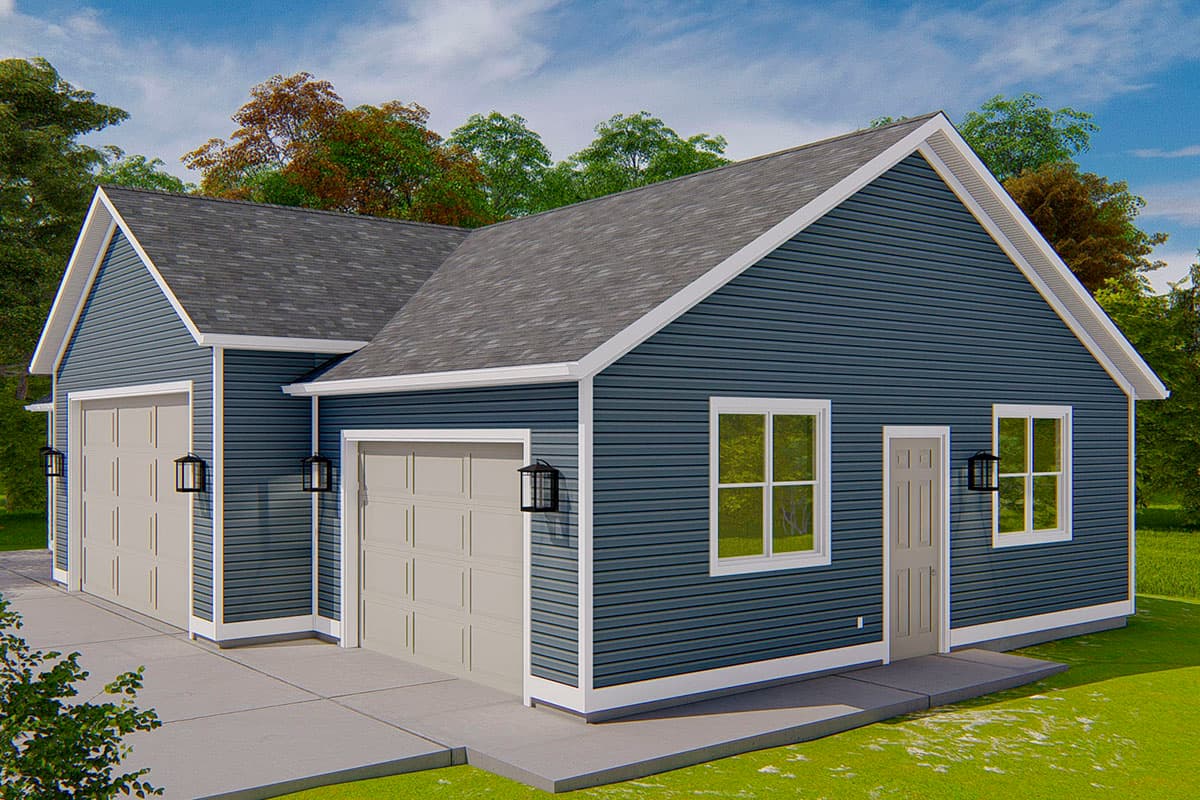 House plan exterior, single story, blue vinyl siding, two garage doors, gabled roof, white trim, two windows, and one door.