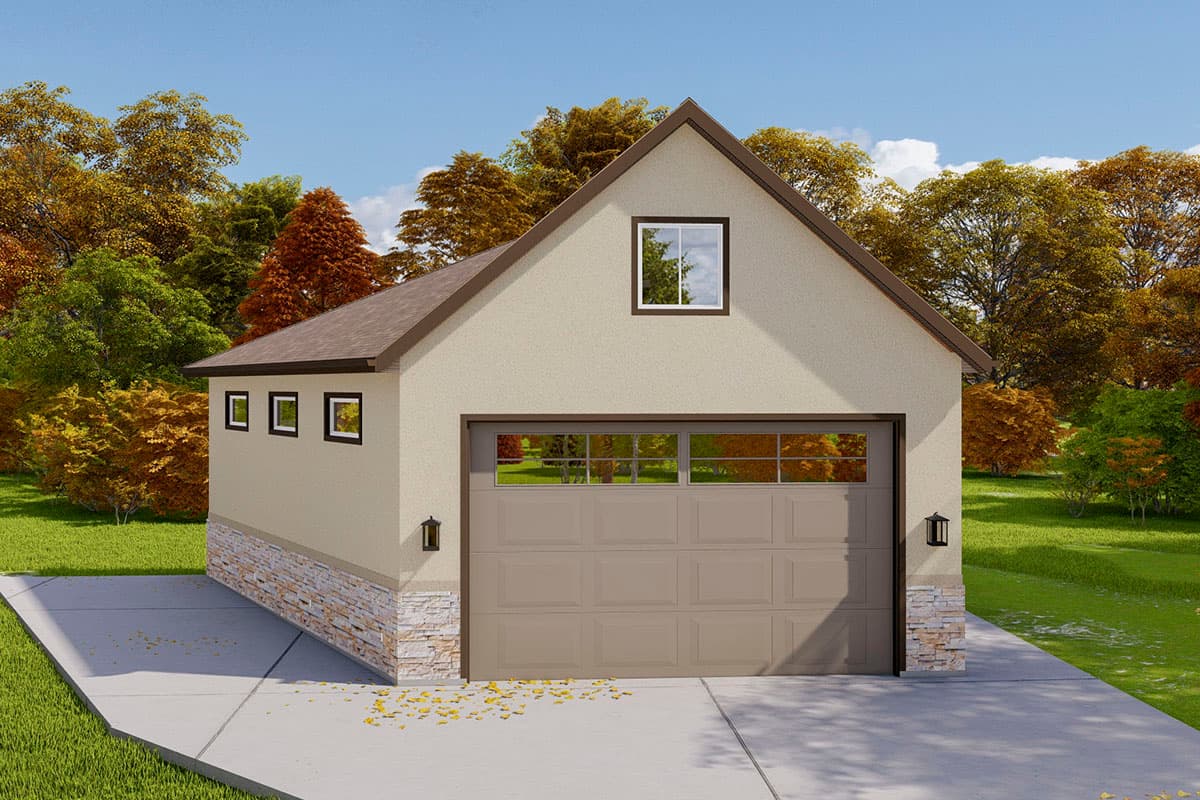 House plan exterior. Two-story structure with gable roof. Includes a garage, small windows, and stone veneer accents.