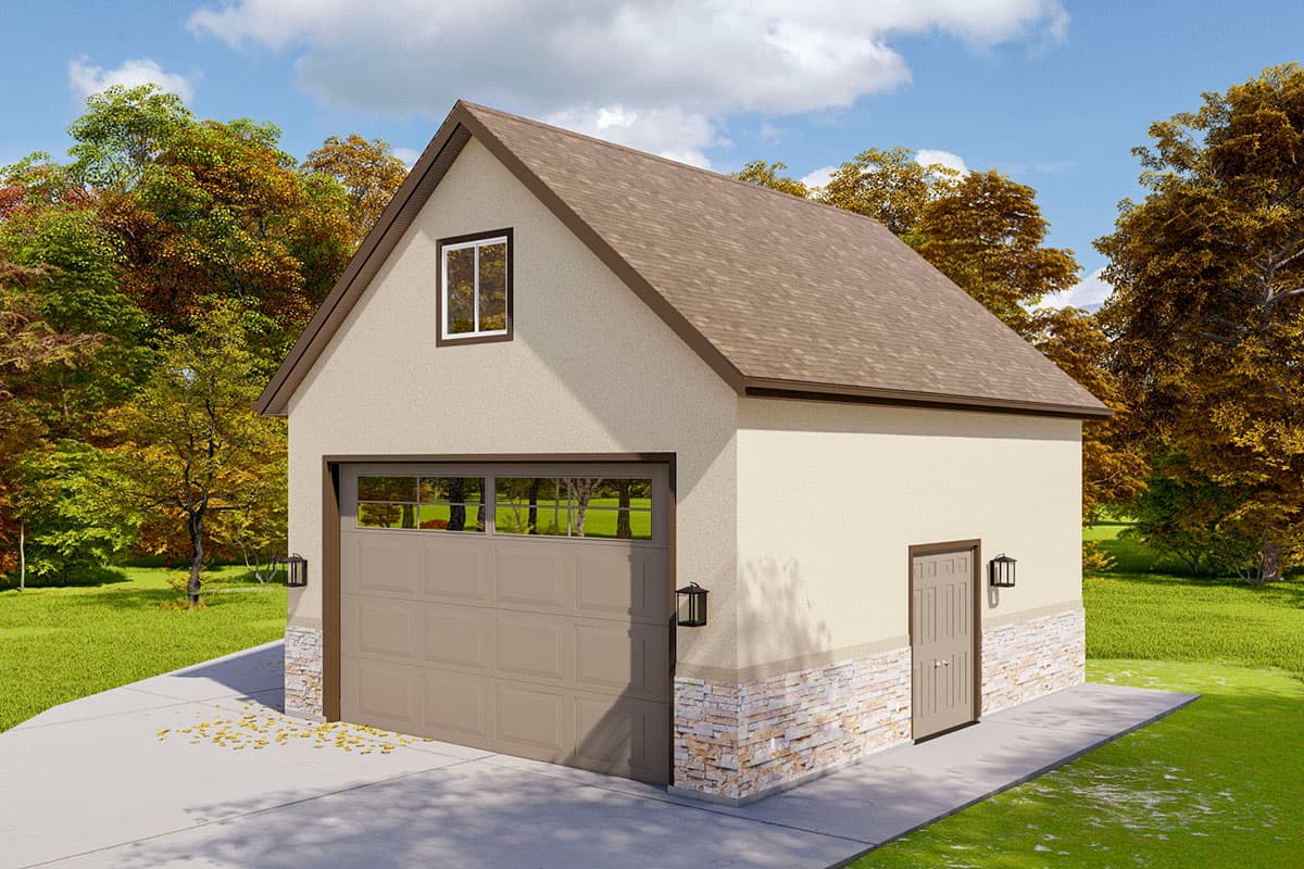 House plan exterior of a two-story garage with a large overhead door, side entry door, gable roof, and stone foundation.