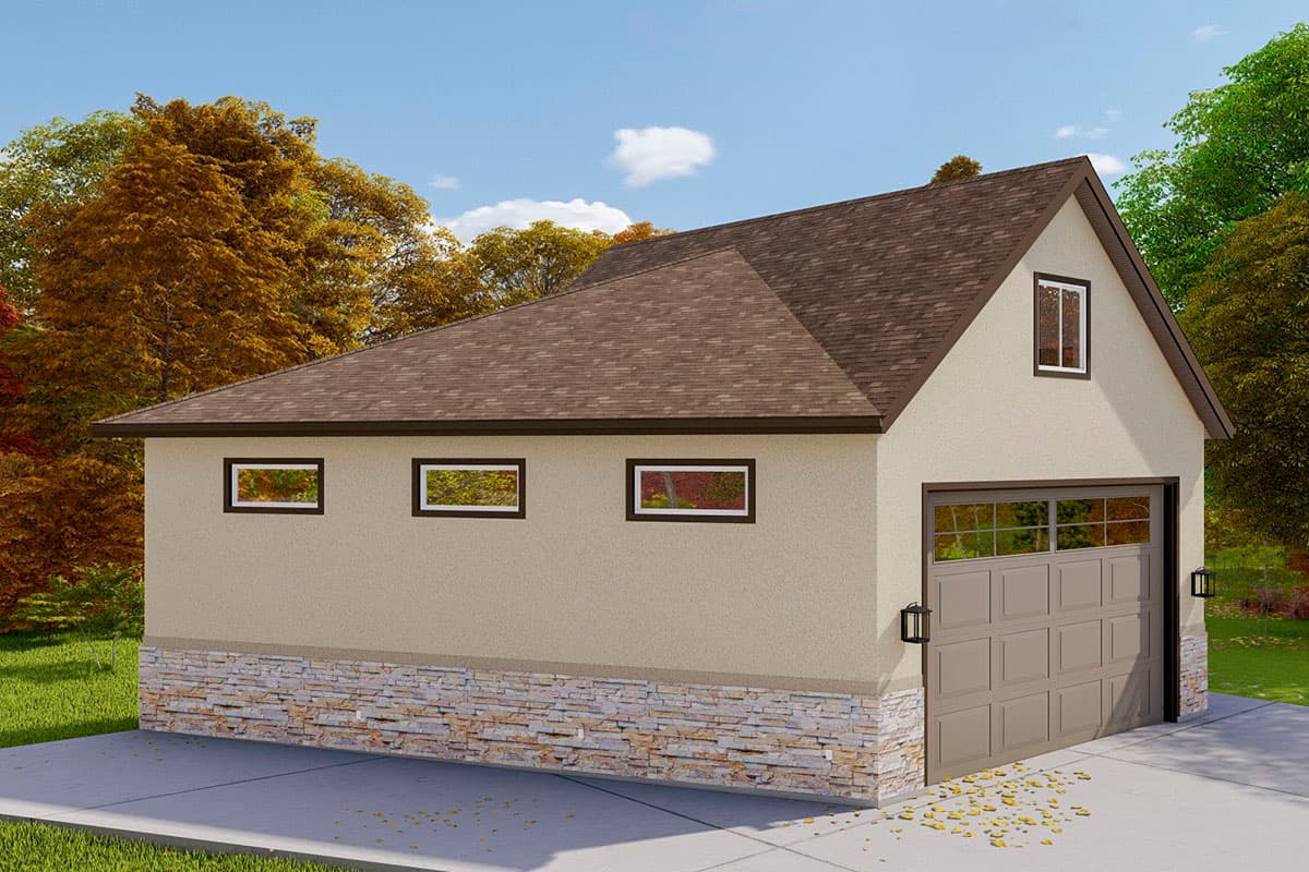 House plan exterior: A one-story structure with a pitched roof, stone wainscoting, a multi-panel garage door, and three horizontal windows.
