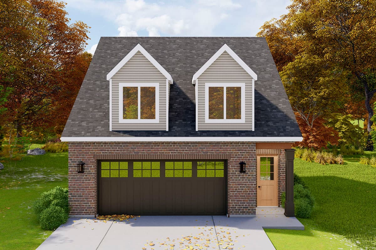 House plan exterior. Two-story with brick and siding, dormers, and a garage door. Features a covered entry and a gable roofline.