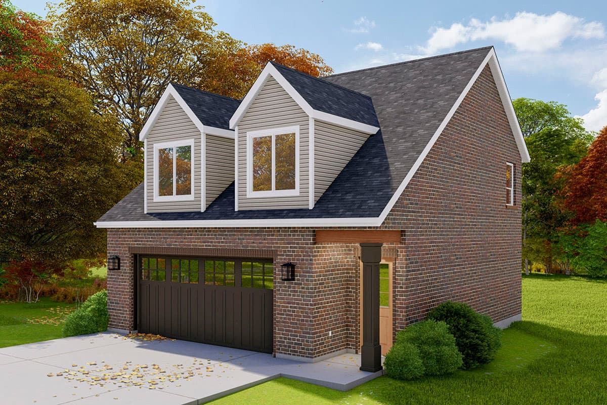 House plan exterior: Two-story brick and vinyl siding building with a two-car garage, dormer windows, and a covered entry.