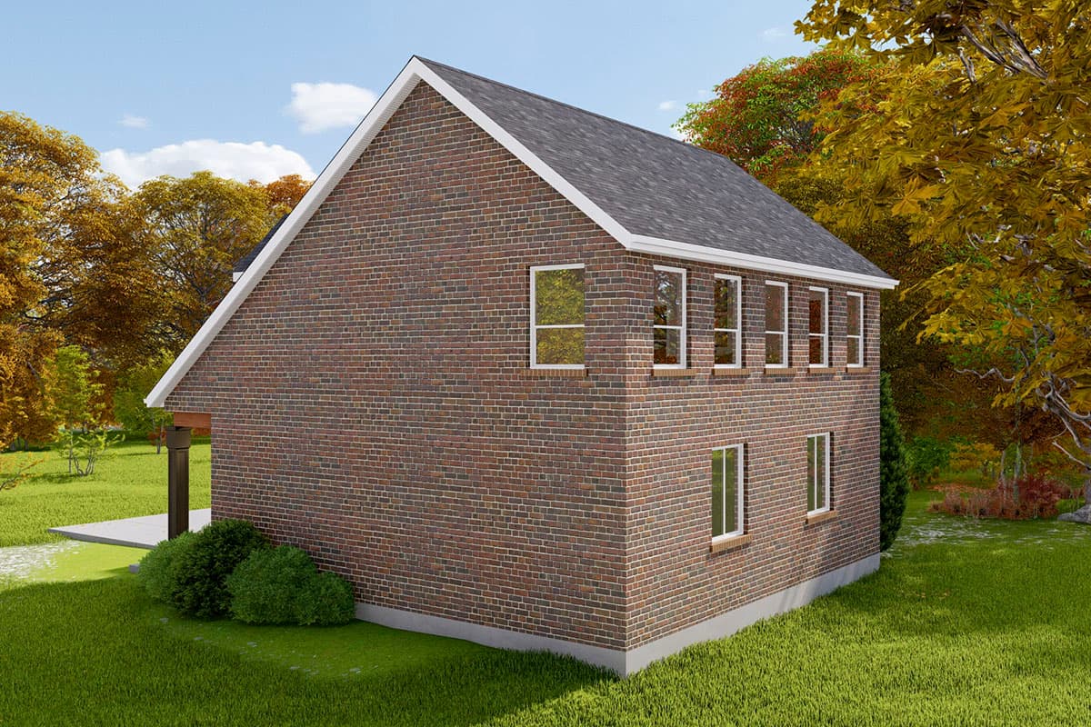 House plan exterior: Two-story brick home with a gable roof, visible soffit, and multiple windows on both levels.