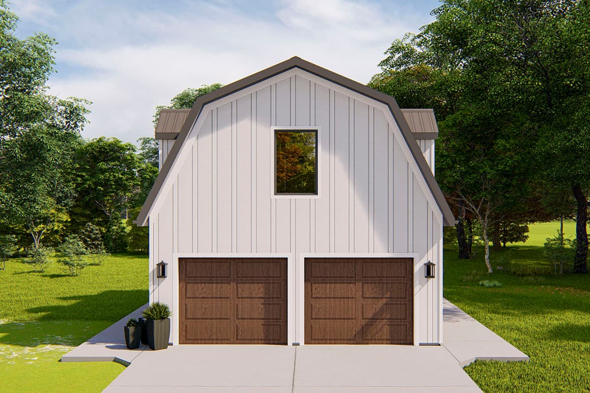 House plan exterior. Two-story barn-style structure with gable roof, two garage bays, and a single window in the gable.