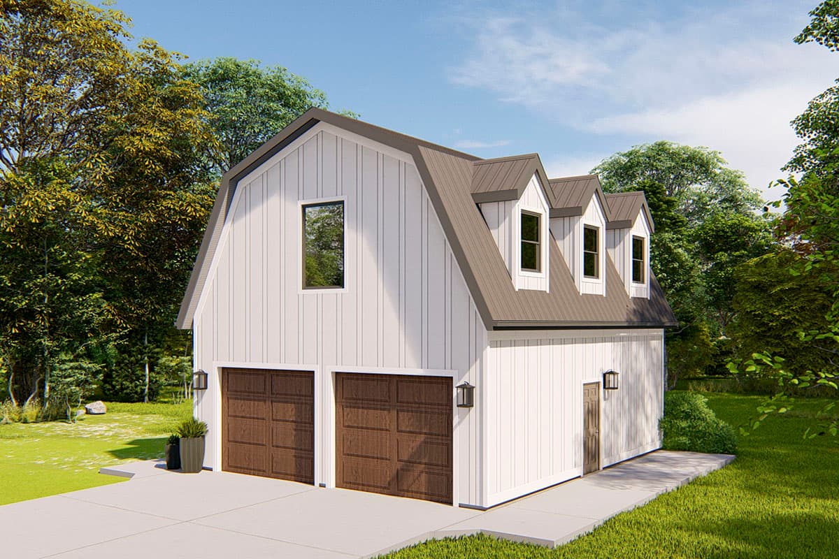 Modern Farmhouse house plan exterior with two garage doors, gambrel roof, and three dormer windows.