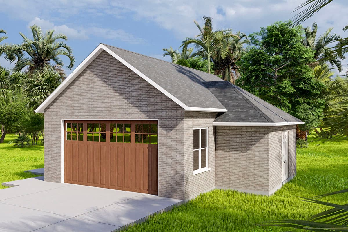 House plan exterior view of a one-story brick building with a pitched roof, wood-paneled garage door, and one window.