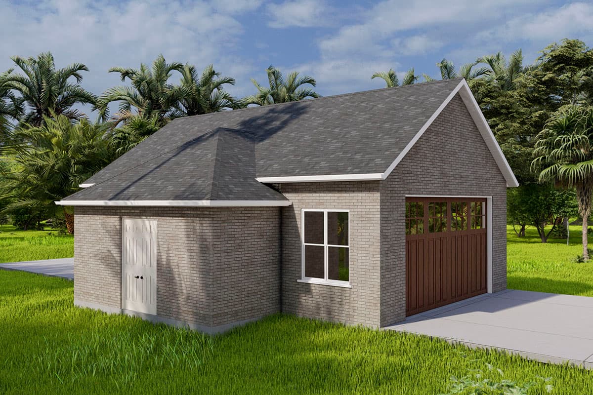 House plan exterior: one-story brick structure with a gable roof, a single door, a window, and a wooden garage door.