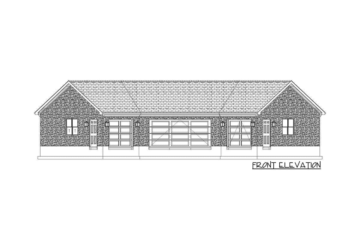 Front elevation house plan. Single-story design with stone facade, gable roof, and three garage bays.