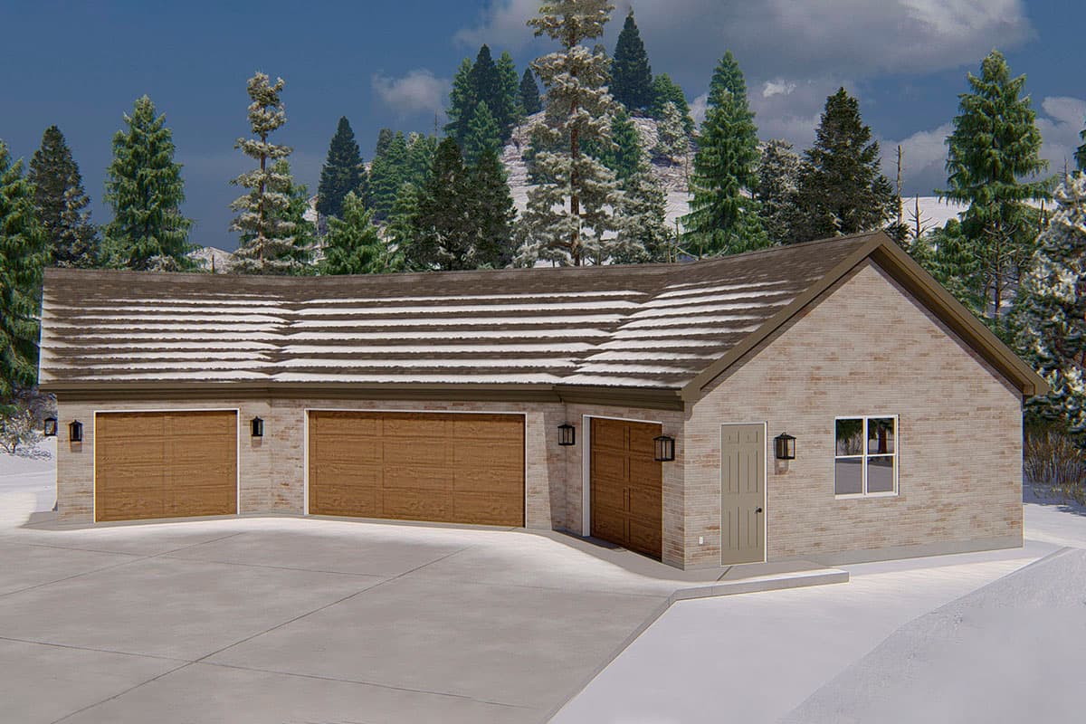House plan exterior features a three-car garage, light brick facade, and a gable roofline with snow.