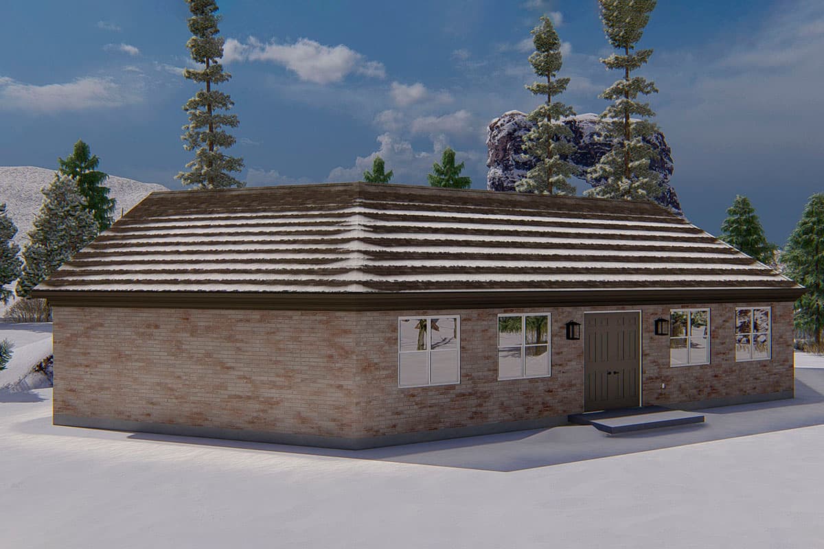House plan exterior: Single-story brick home with a hipped roof, central double door entry, and multiple windows.