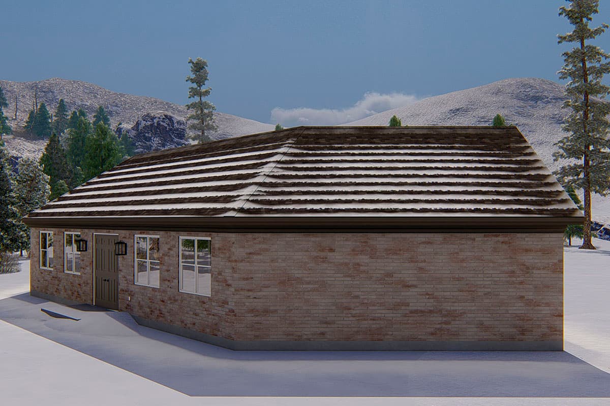 House plan exterior rendering of a single-story brick house with a hipped roof and multiple windows.